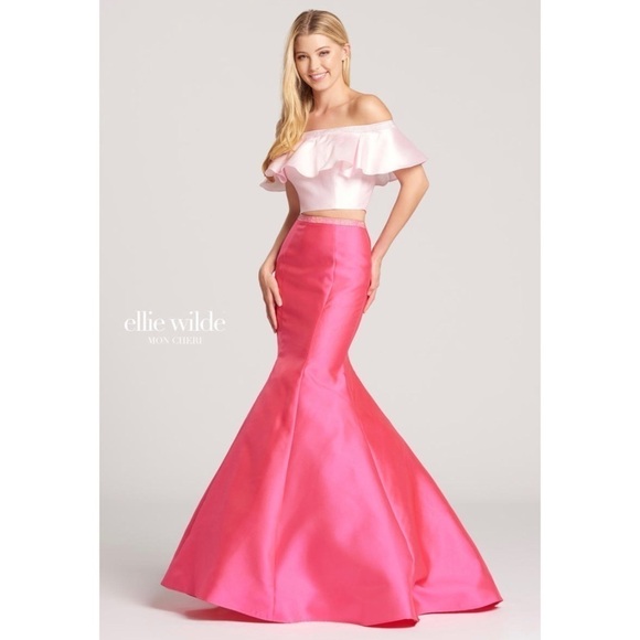NWT Ellie Wilde by Mon Cheri Hot Pink Two Piece Off Shoulder Satin Formal Dress - Picture 1 of 16
